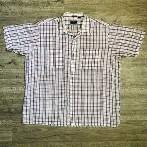 Vintage 90s Steeplechase White Blue Red Plaid S/S Buttondown Casual Shirt Sz 2XL